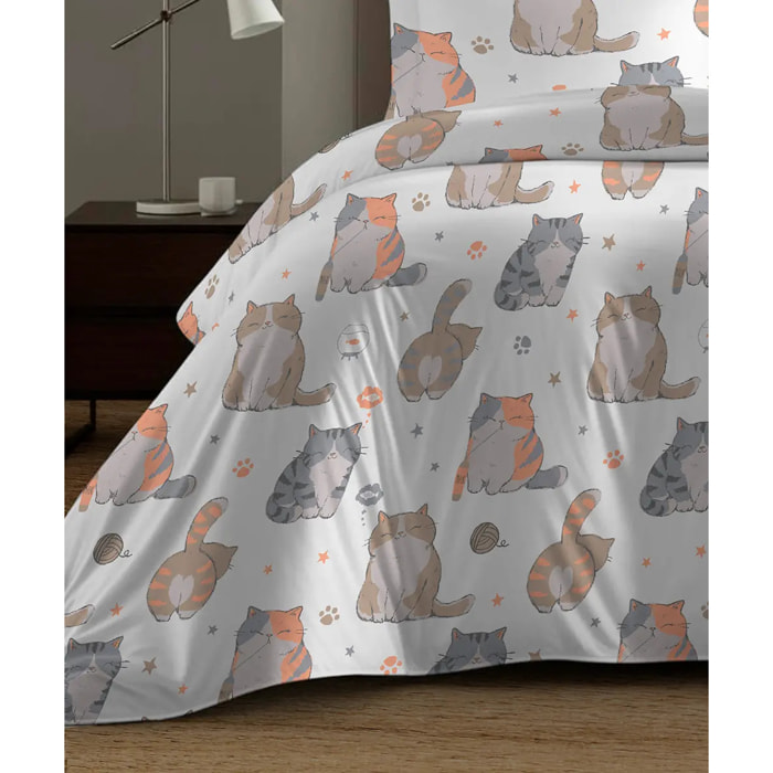 Parure Copripiumino Gatti per letto singolo in 100% Cotone e Made in Italy, gattini divertenti