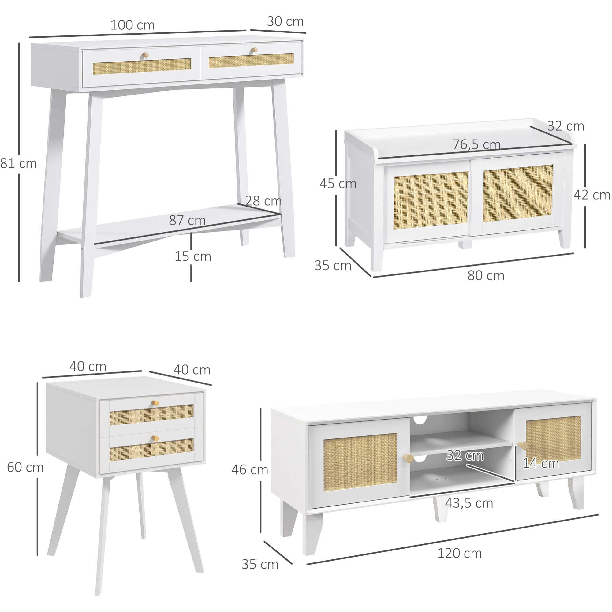 Conjunto para el Hogar Incluye 1 Mueble de TV 1 Mesa Consola 1 Banco Zapatero con Asiento y 1 Mesita Auxiliar con Elemento de Ratán Estilo Bohemio Blanco