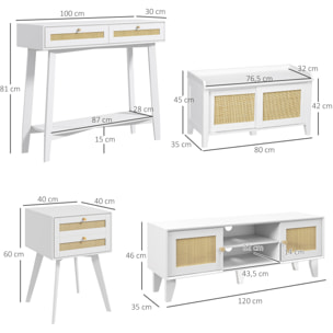 Conjunto para el Hogar Incluye 1 Mueble de TV 1 Mesa Consola 1 Banco Zapatero con Asiento y 1 Mesita Auxiliar con Elemento de Ratán Estilo Bohemio Blanco
