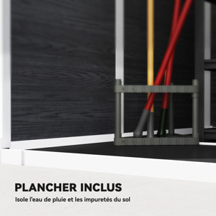 Abri de jardin 2,89 m² porte verrouillable plancher fenêtres aérations résine PP effet bois gris blanc