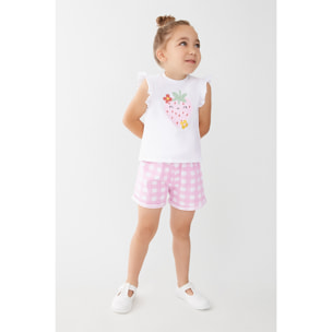 Conjunto Niña Verano 2 Piezas Camiseta Sin Mangas de Algodón con Volantes y Estampado de Fresa + Pantalón Corto Vichy Rosa Suave | Color: Blanco | Street Monkey