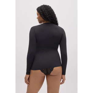 T-shirt elasticizzata a maniche lunghe con pizzo nero