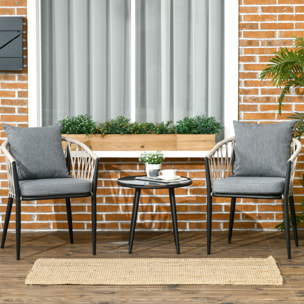 Conjunto de Muebles de Jardín 3 Piezas Juego de Muebles de Terraza Incluye Mesa con Encimera de Vidrio Templado y 2 Sillones con Cojines Reposabrazos de Cuerda Polipropileno Gris