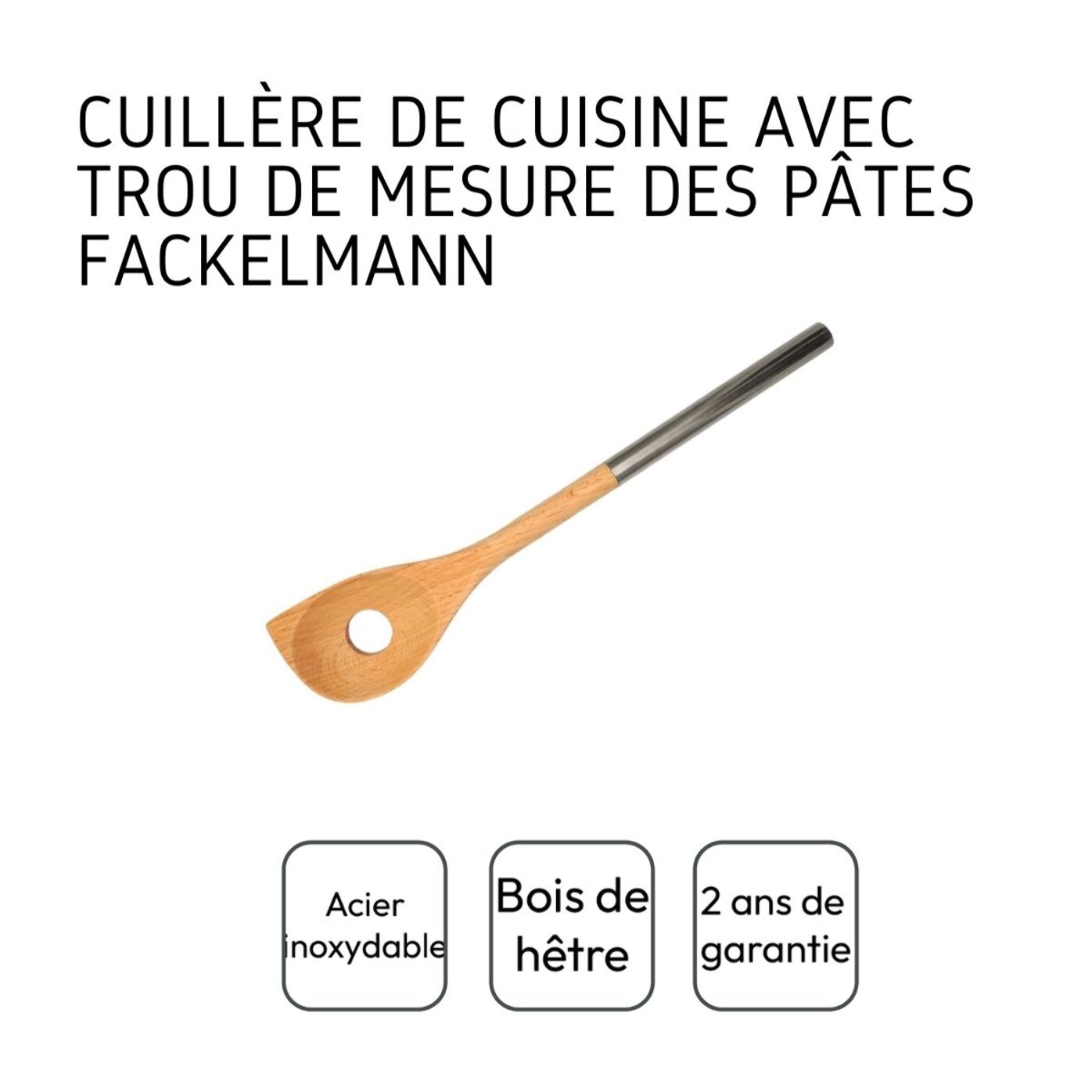Ensemble de 2 Cuillères en bois biseautée avec un trou manche inox 34 cm Fackelmann Boissellerie