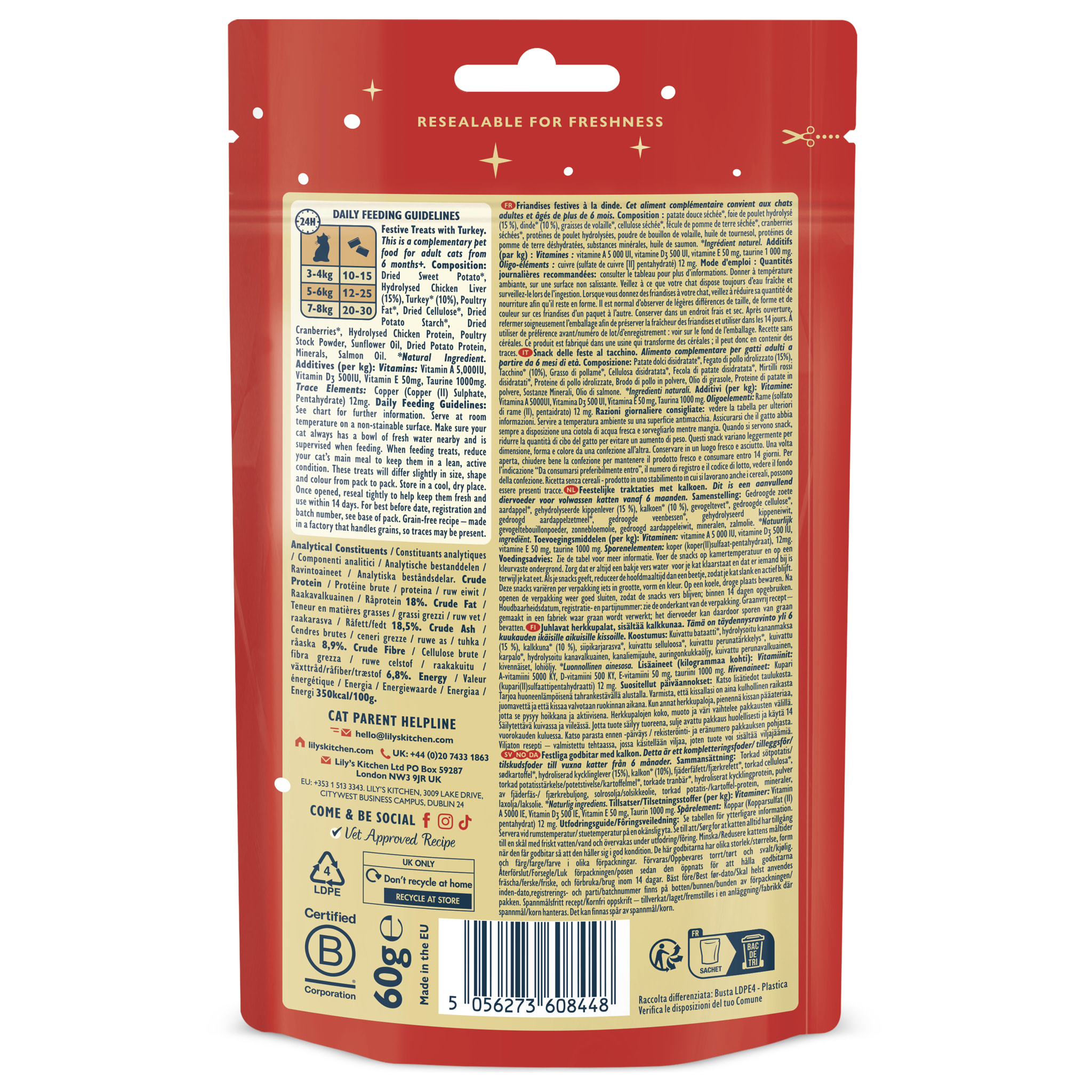 Lot de 10 - Lily’s Kitchen Friandises de Noël à la dinde pour chats 60g