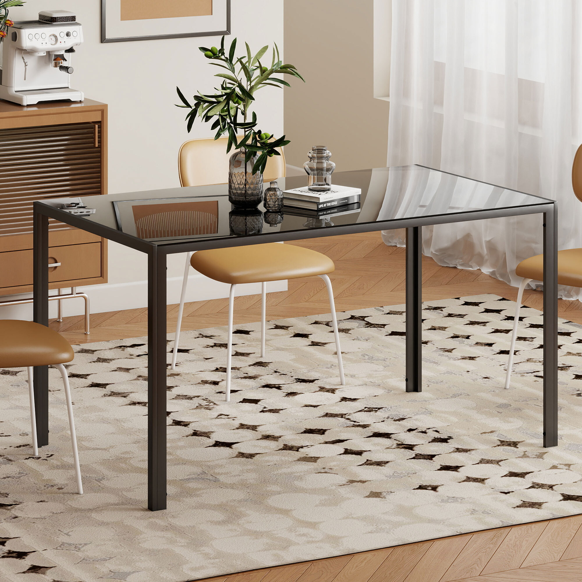 Mesa de Comedor de Cristal, Mesa Rectangular para 6 Personas con Patas de Metal, para Cocina, Salón, 140x80x75 cm, Negro