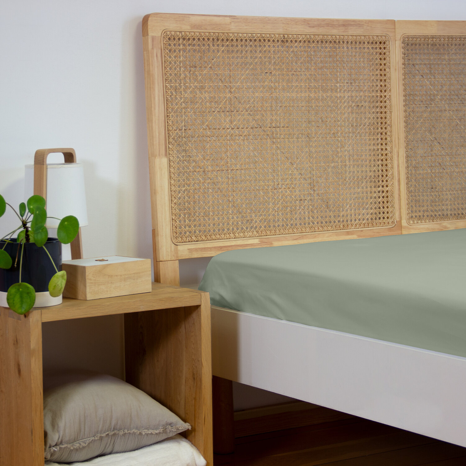 Drap housse percale de coton 65 fils 140x190cm vert sauge