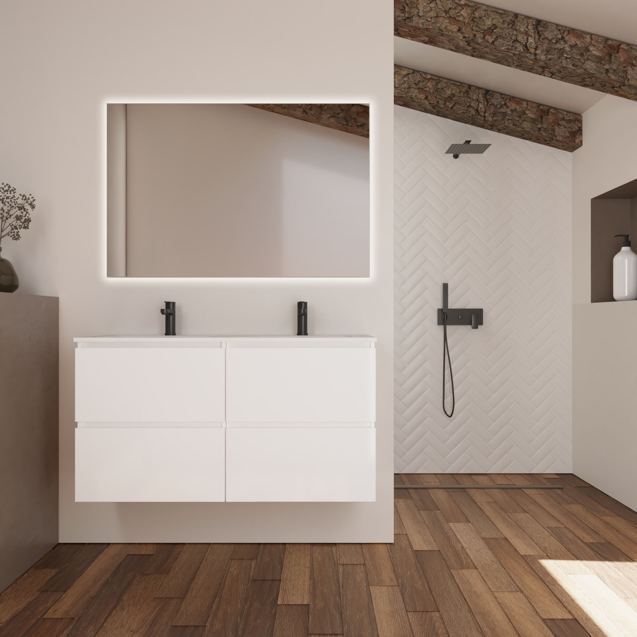 Conjunto de Baño Kaji | Mueble de Baño Suspendido | 140 cm Blanco | Cuatro Cajones | Lavabo Encastrado | No incluye Espejo | Alday
