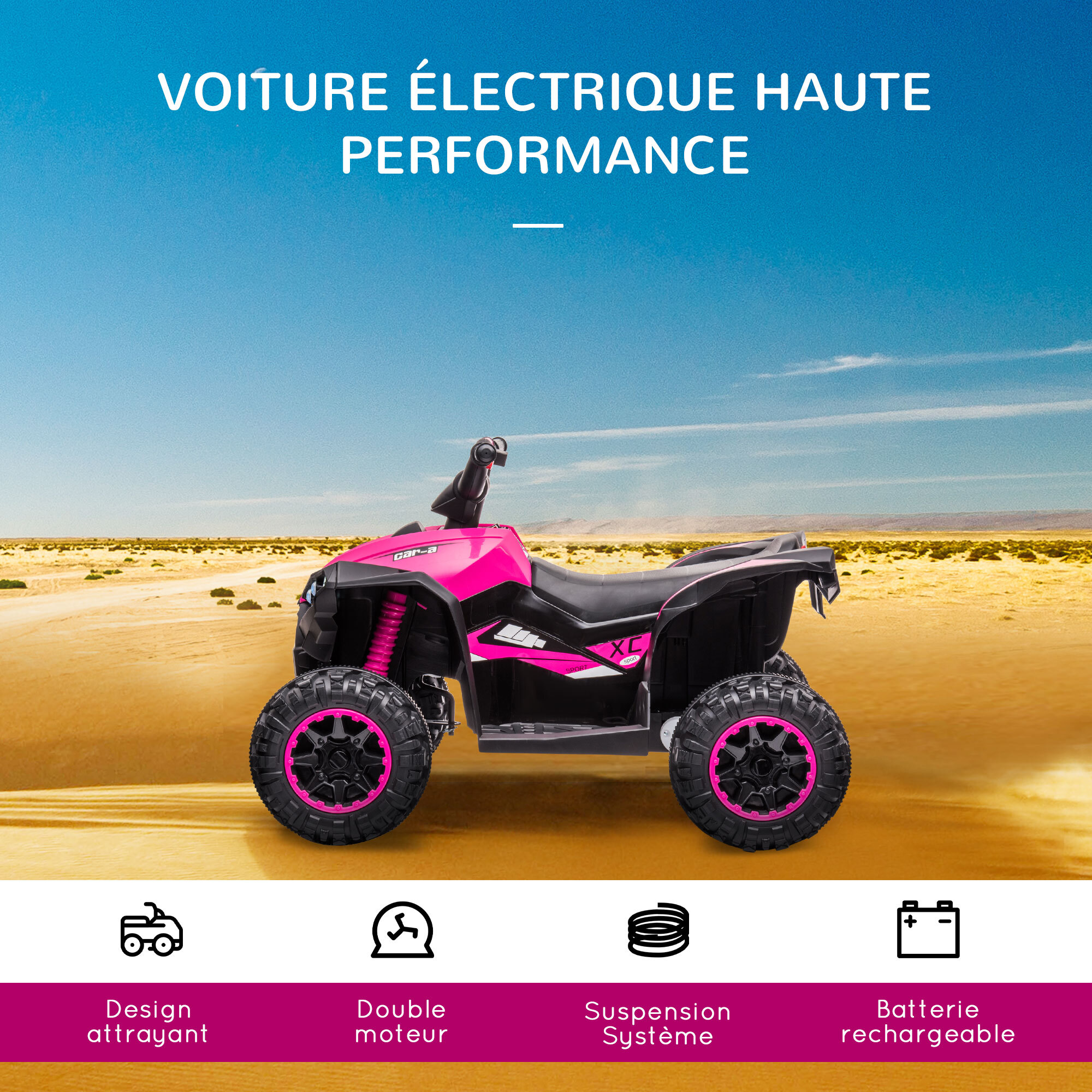 Quad buggy électrique enfant 12 V 3 Km/h max. effets lumineux et sonores rose noir