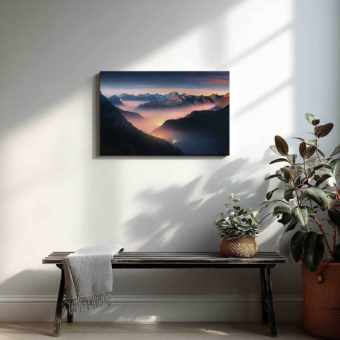 Tableau paysage de montagnes brumeuses au lever du jour Toile imprimée