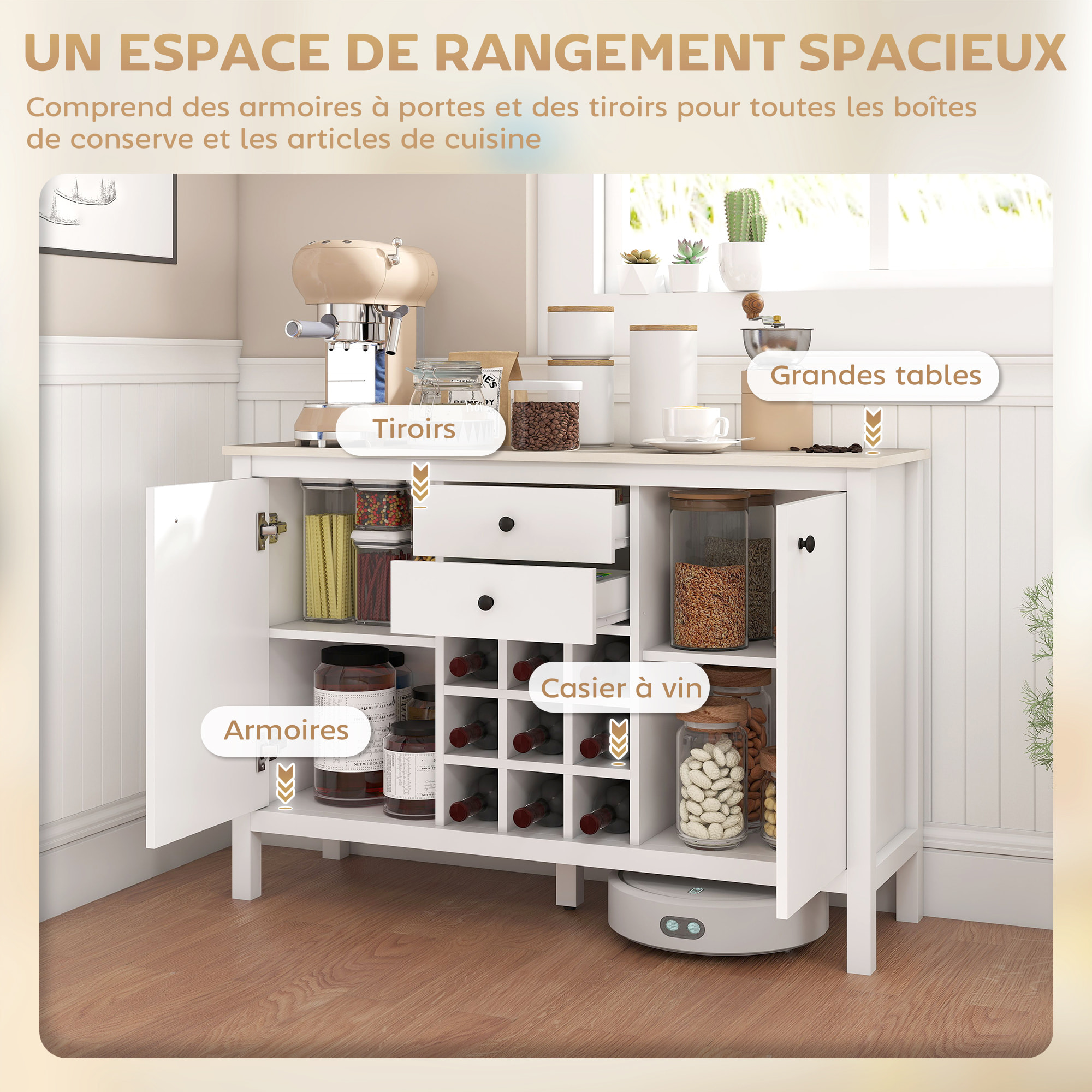 Buffet 2 tiroirs, 2 portes étagères réglables, range-bouteilles 9 max. - blanc bois clair