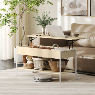 Mesa de Centro Elevable Mesa de Café con Cierre Suave Espacio Oculto de Almacenaje y Estante Abierto 95x40x59 cm Natural y Blanco