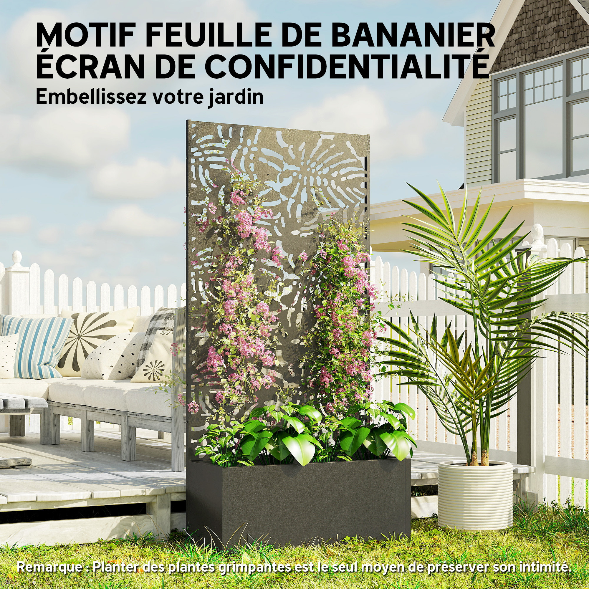 Jardinière treillis haut design graphique feuilles bananier 90 x 37 x 180 cm métal époxy noir