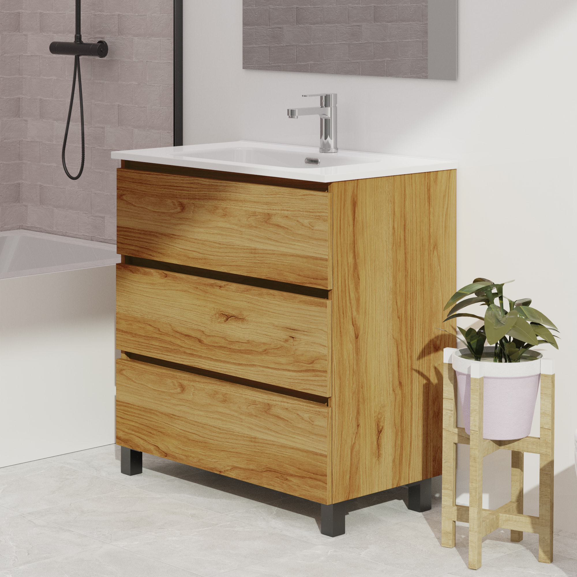 Ensemble De Salle De Bain Wink | 90 Cm Teka | 3 Tiroirs | Vasque Ceramique | N'Inclut Pas Miroir | Mueble Montado | Alday