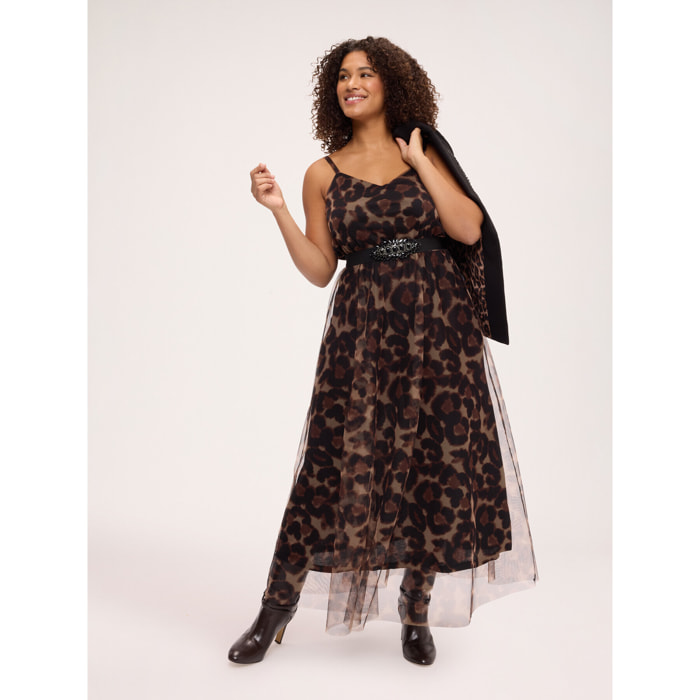 Fiorella Rubino - Vestito animalier lungo in tulle - Marrone