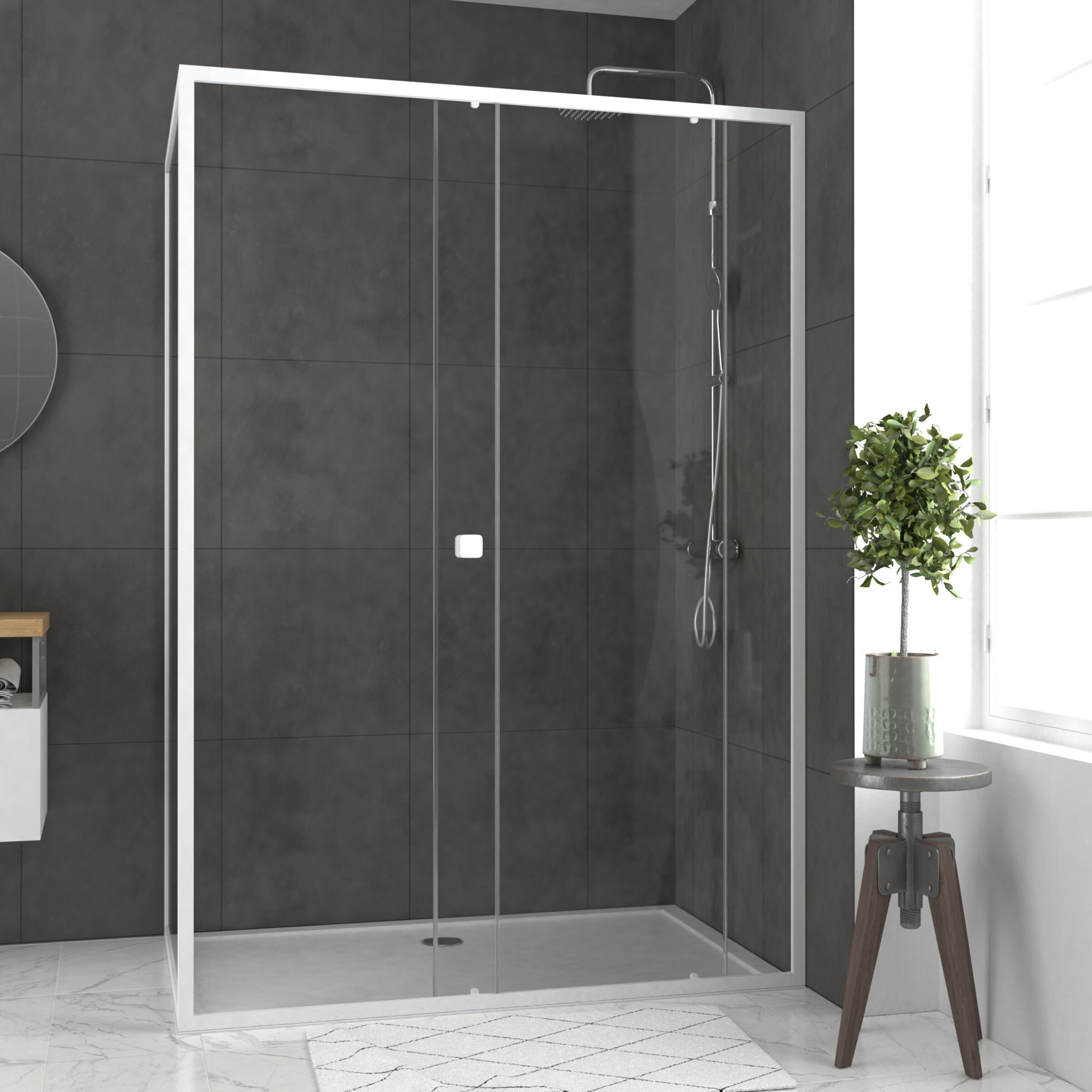 Pack porte de douche Coulissante blanc 140X185 cm + paroi de retour 90cm + receveur à poser - WHITY