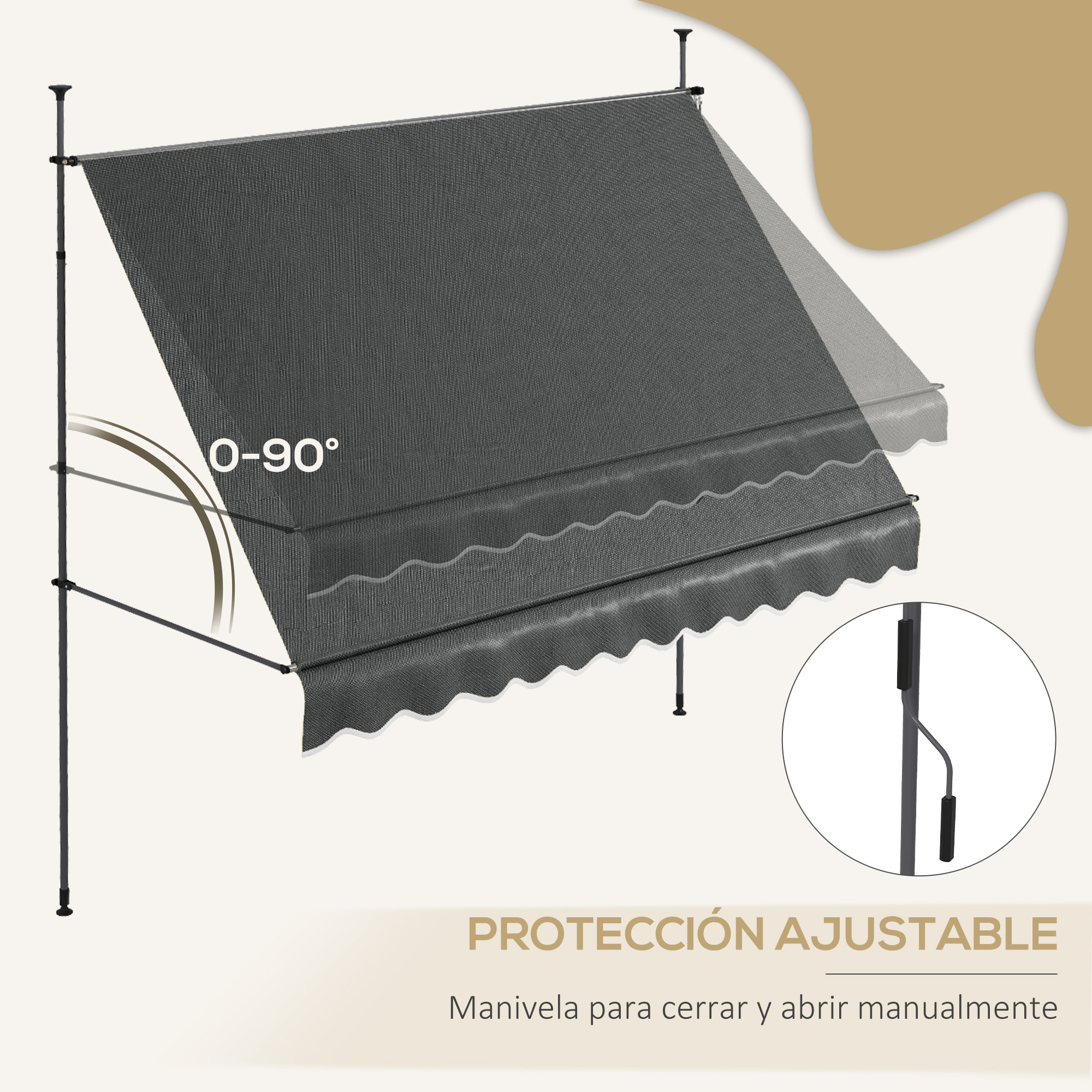 Toldo Manual Retráctil 300x120x210-300 cm Toldo para Balcón con Manivela Altura Ajustable Impermeable y Anti-UV para Jardín Terraza Ventanas Gris Oscuro
