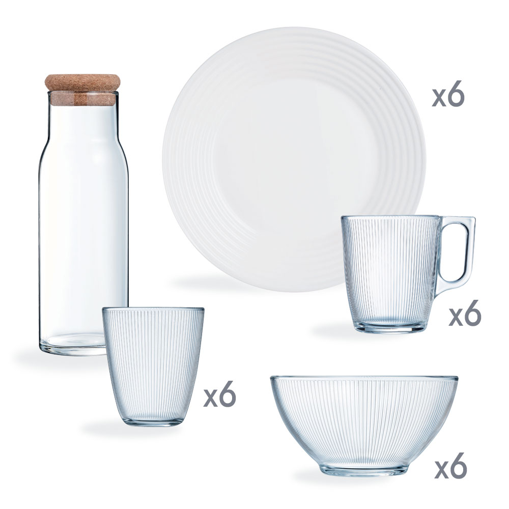 Ensemble de vaisselle 25 pièces - assiettes verres mugs bols et carafe - Luminarc