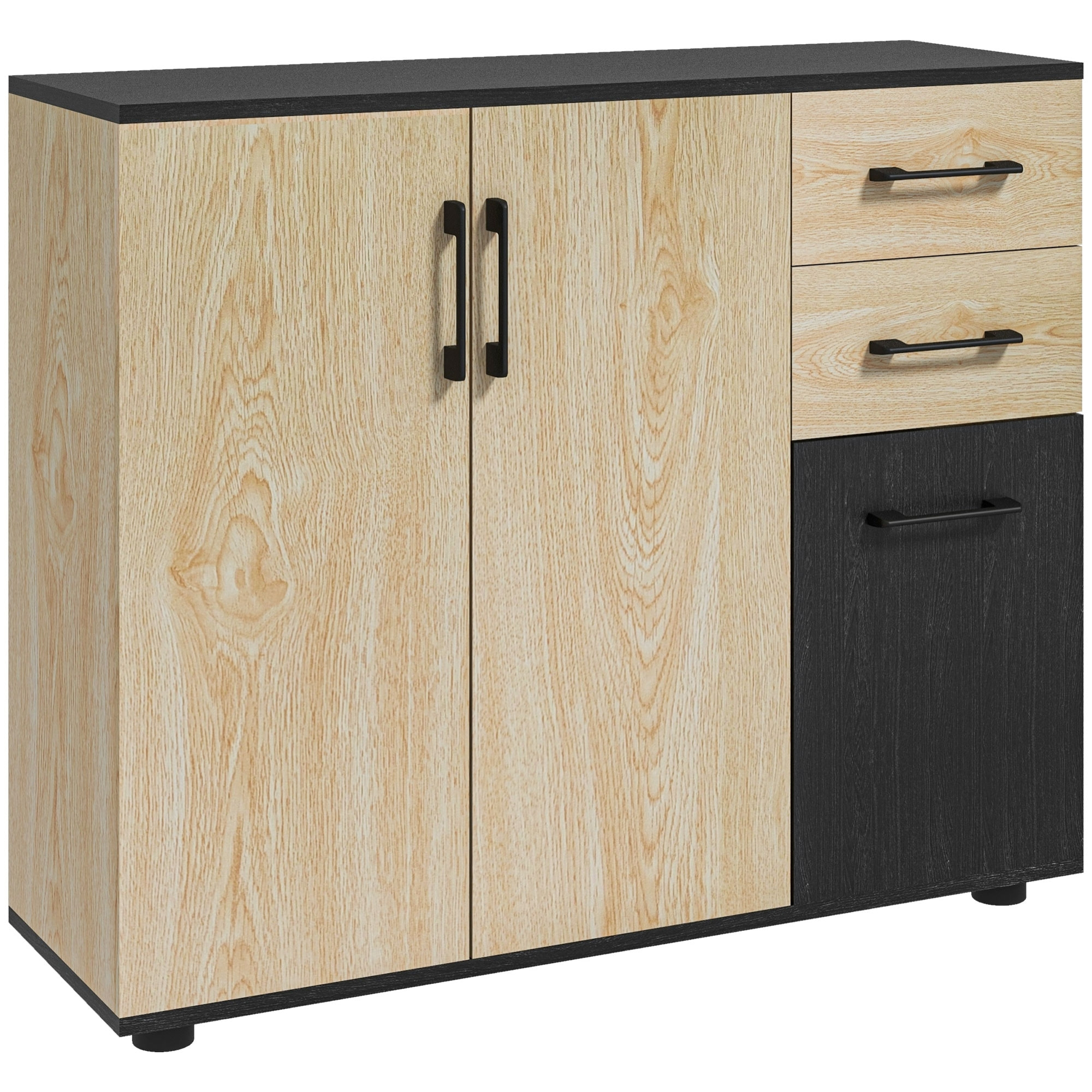 Buffet rangement 3 portes étagère 2 tiroirs coulissants panneaux aspect bois clair noir