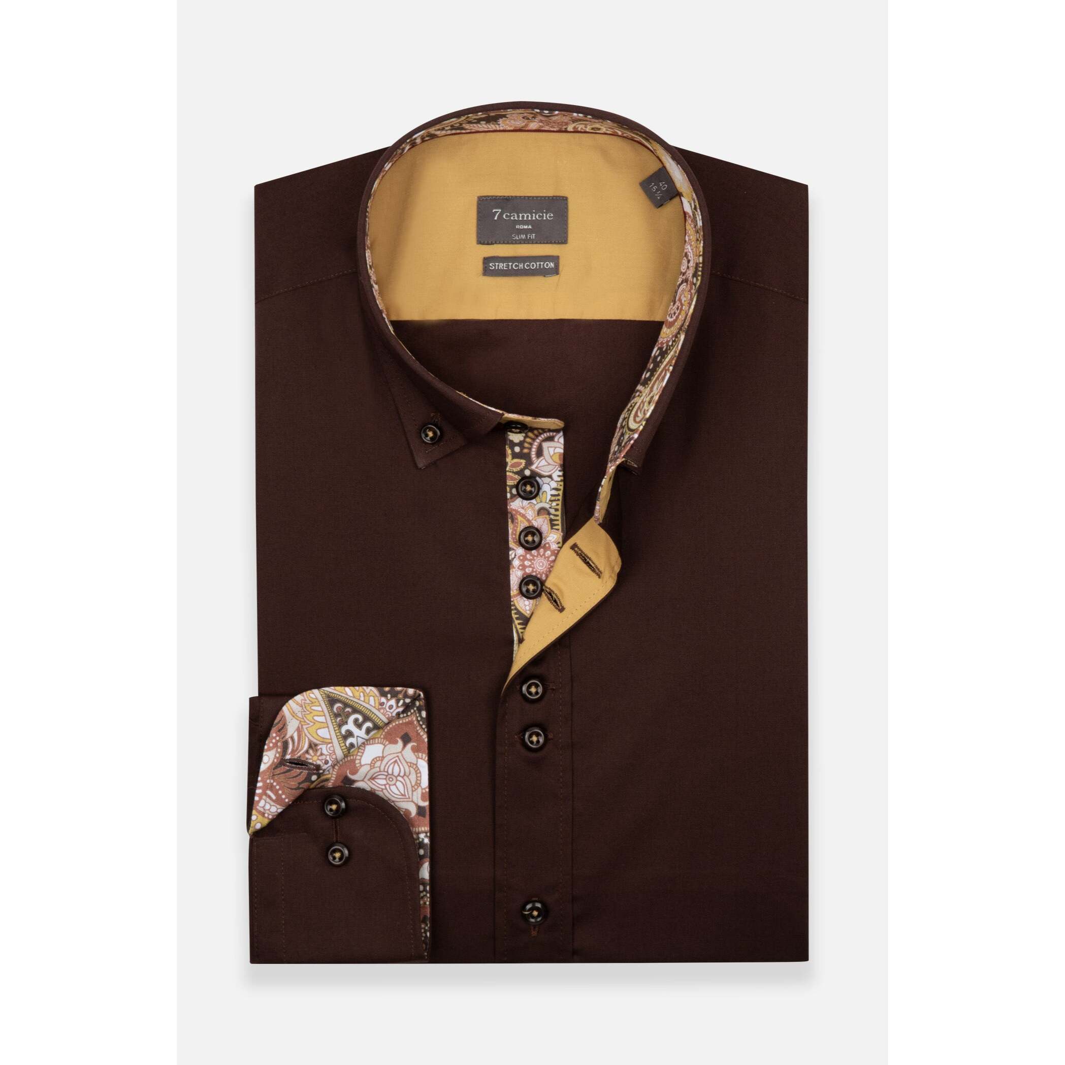 Camicia Uomo 1 Bottoni Button Down Slim Popeline Stretch Unito Marrone