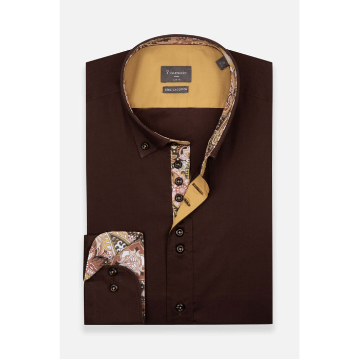 Camicia Uomo 1 Bottoni Button Down Slim Popeline Stretch Unito Marrone