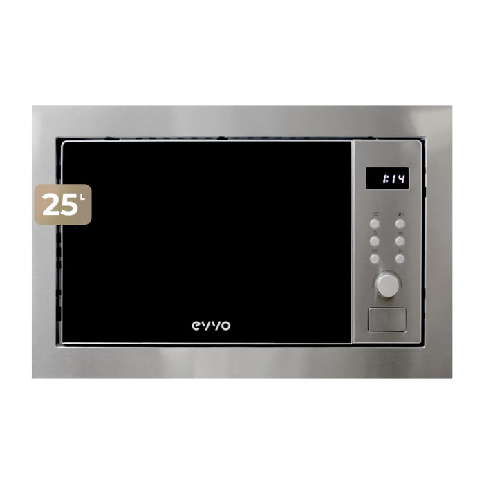 EVVO Microondas integrable Mi35 Inox, 25L, grill 1000W, 8 funciones, multifunción, temporizador 60 min, display digital, inox brillante