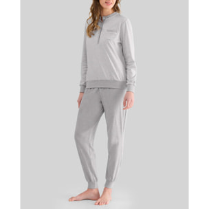 Pijama mujer de rayas, escote redondo, abertura de botones, puños elásticos, manga larga y pantalón largo en vigoré