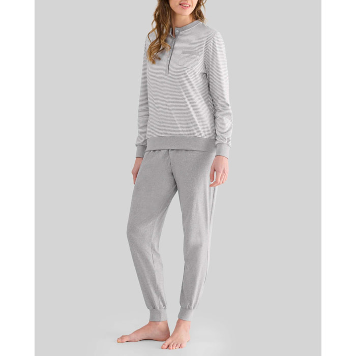 Pijama mujer de rayas, escote redondo, abertura de botones, puños elásticos, manga larga y pantalón largo en vigoré
