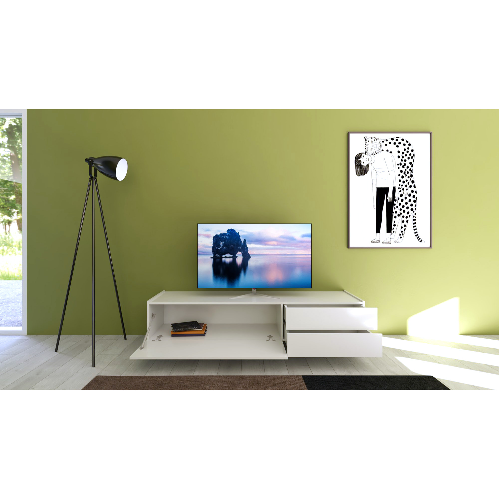 Meuble de TV 1 puerta abatible y 2 cajones 160x42x40 cm Solaria blanco brillante