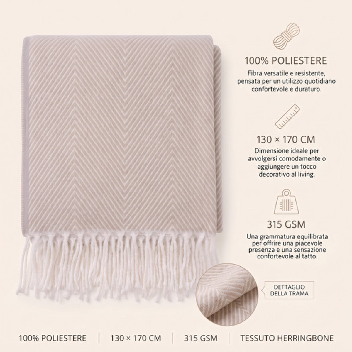 Plaid a spina di pesce in poliestere - Beige