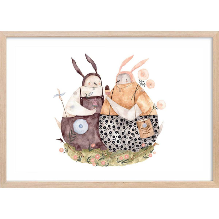 Affiche enfant oiseaux et crème glacée  Affiche + cadre en bois - Chêne