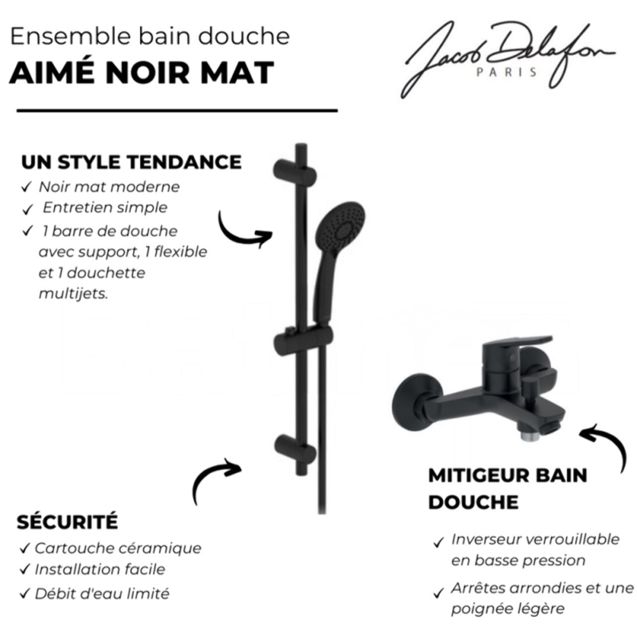 Pommeau douche 3 jets + mitigeur bain douche mural + barre douche + flexible Aimé noir