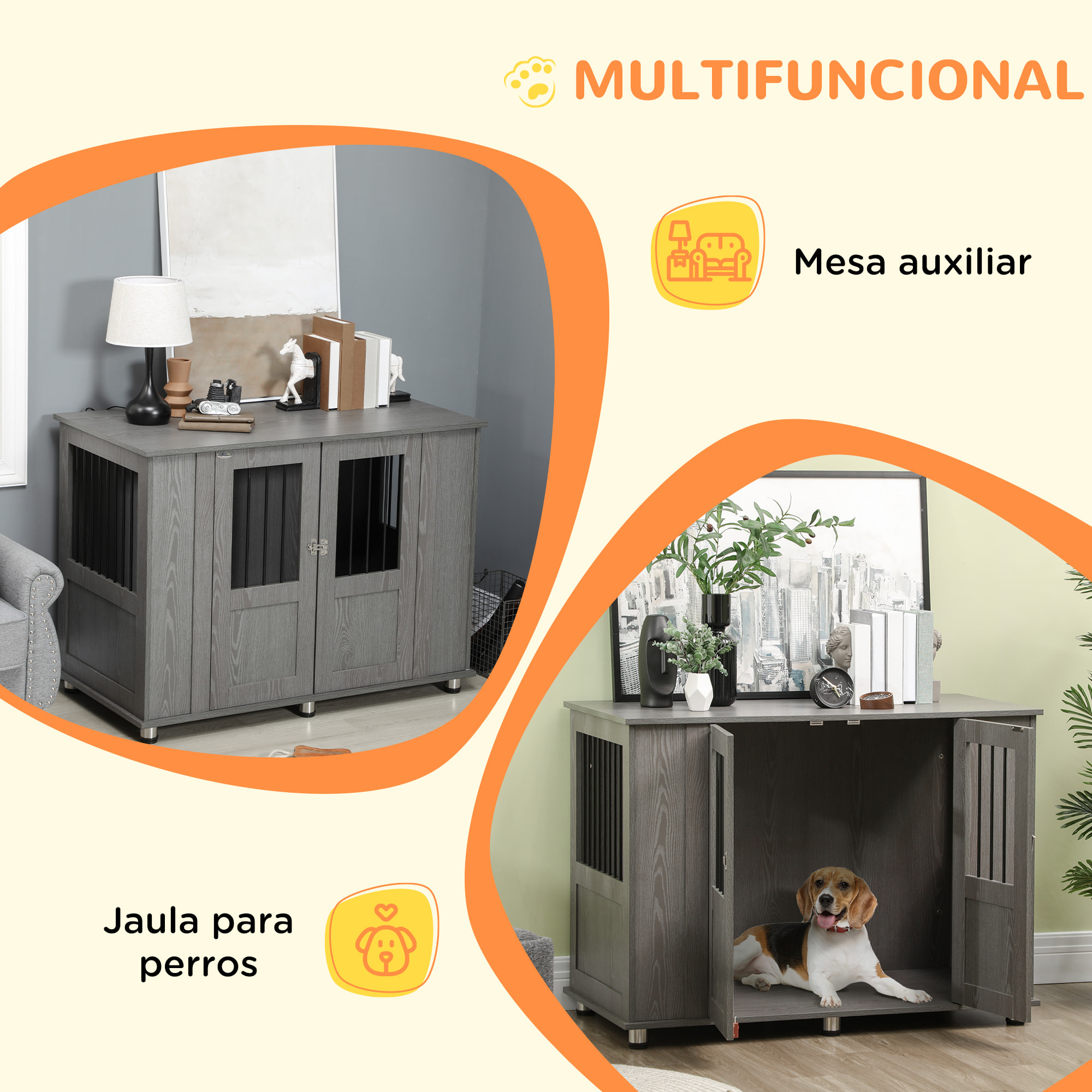 Jaula para Perros Grandes Desmontable 2 en 1 Mesa Auxiliar con 2 Puertas con Pestillo 4 Ventanas y Patas Ajustables 114x60x82 cm Gris