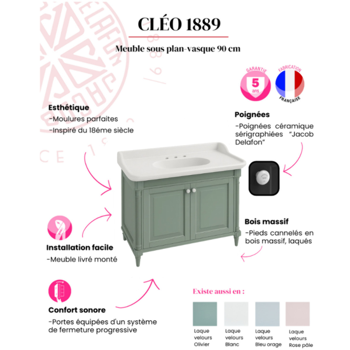 Meuble vasque Cléo 1889 vert olivier velours 3 trous