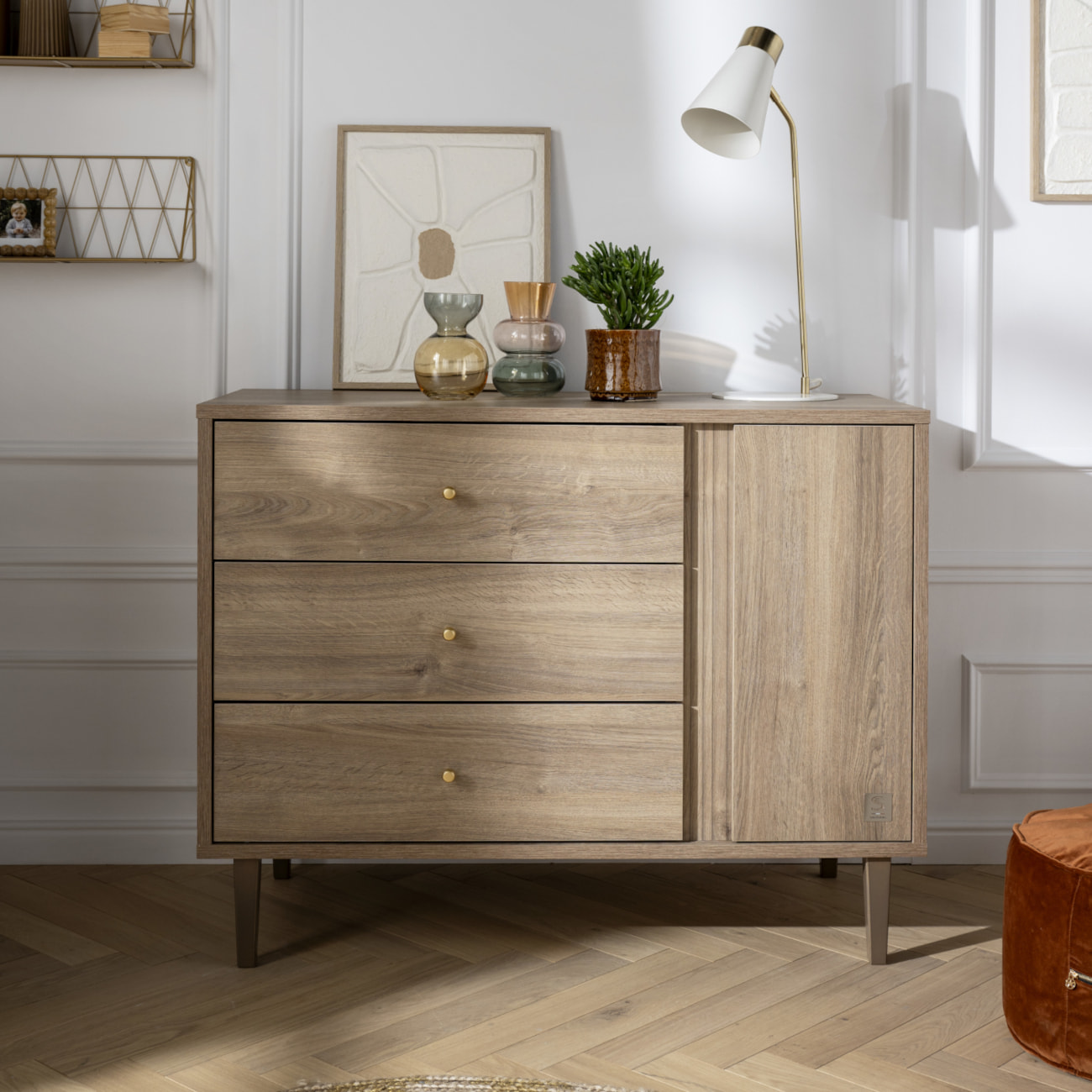 Chambre bébé évolutive Mokka, Lit 140x70 évolutif et Commode à langer - Chêne Mokka