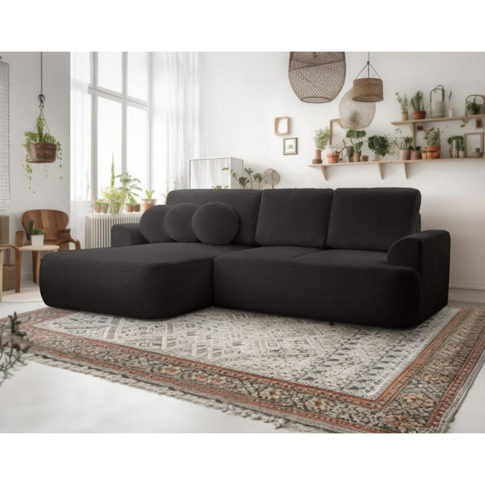 Candela - canapé d'angle gauche 4 places - convertible avec coffre - en tissu bouclette - Noir