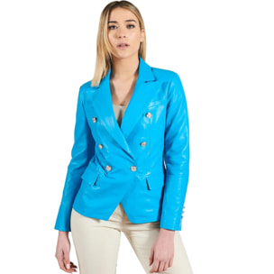 Giacca blazer doppio petto in pelle naturale azzurra