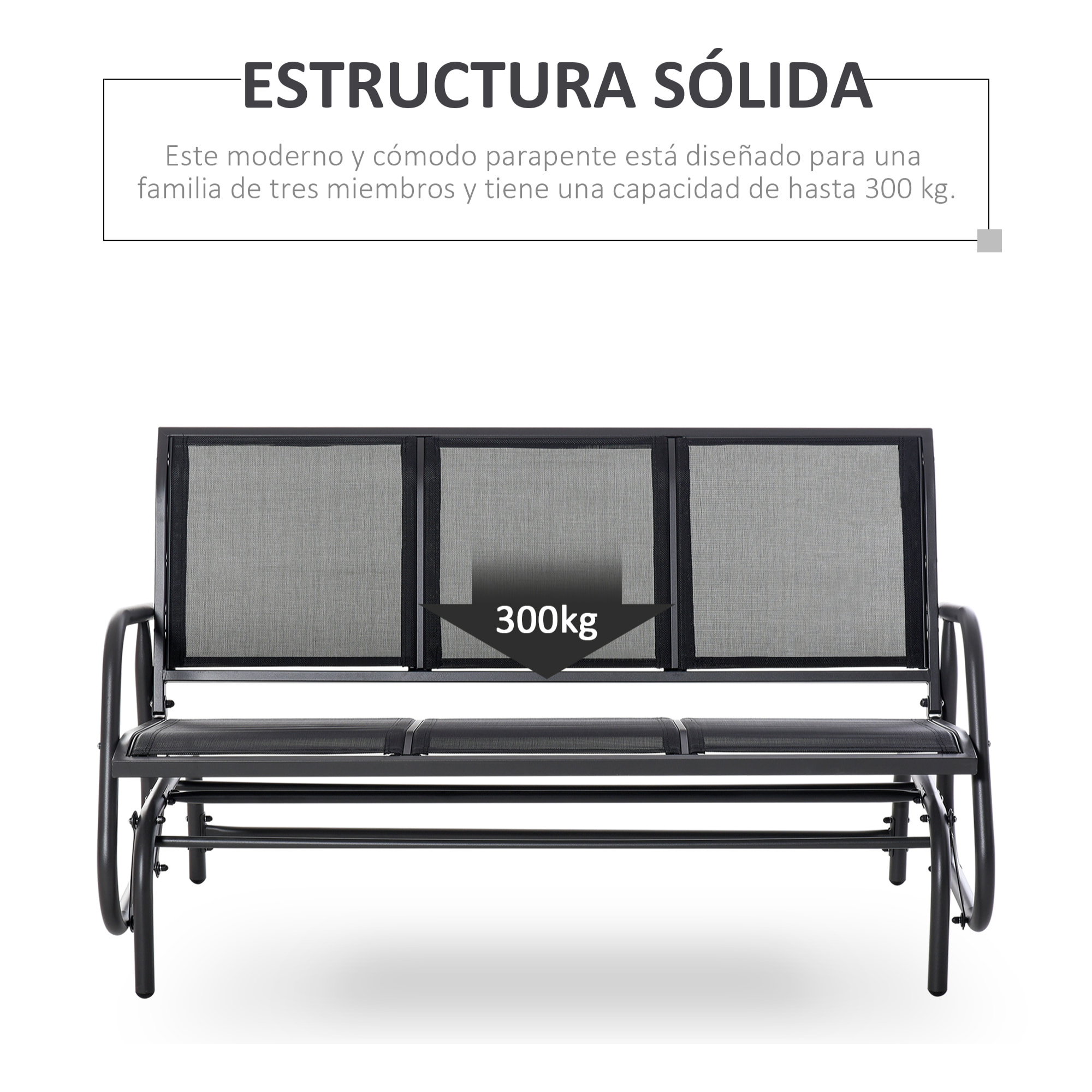 Banco de Jardín Exterior de 3 Plazas Mecedora de Exterior con Reposabrazos Carga 300 kg para Terraza Balcón Patio 147x75x85 cm Negro