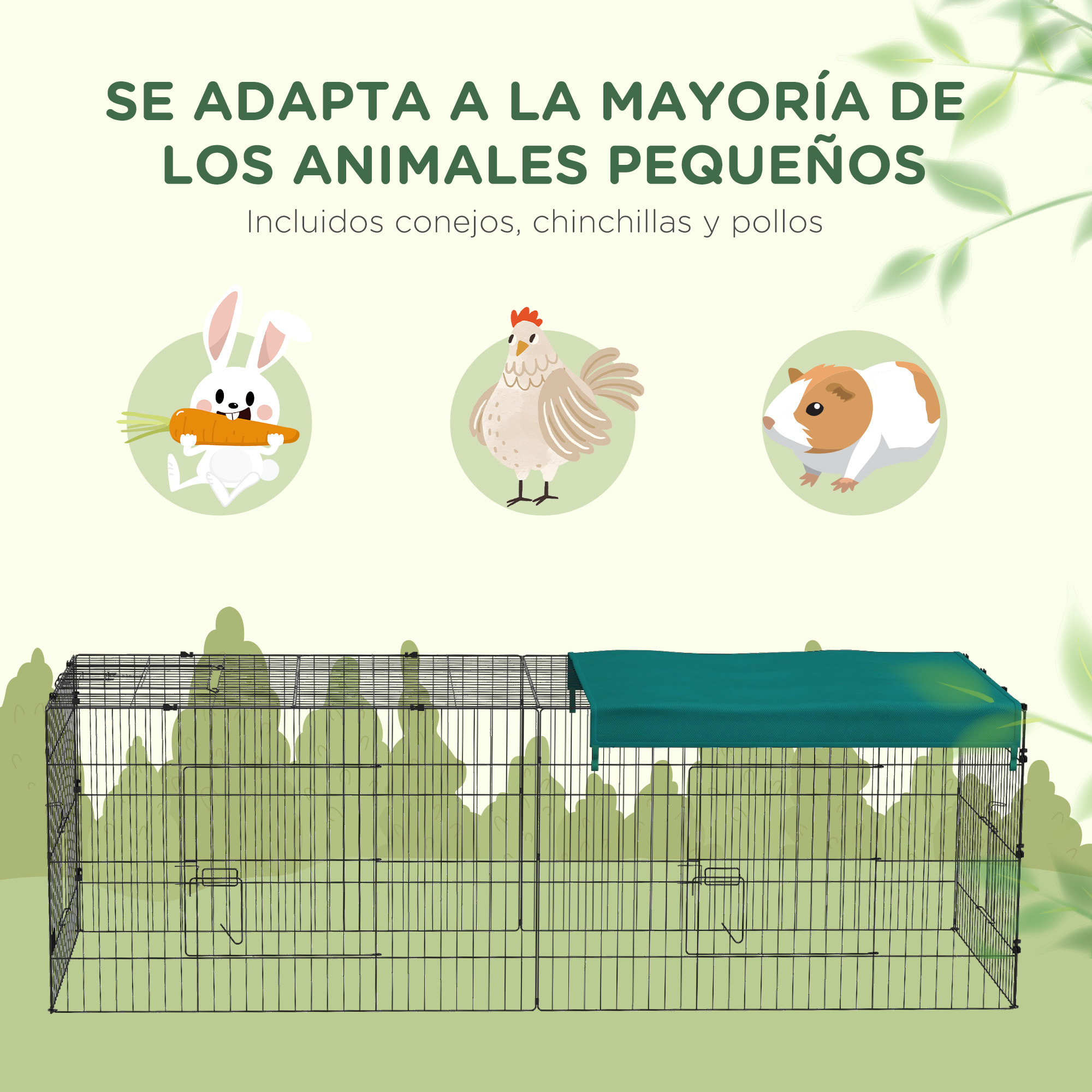 Jaula para Animales Pequeños Jaula para Roedores de Acero con Puertas y Tela Superior Jaula para Conejos Chinchillas Gallinas 220x85x70 cm Verde