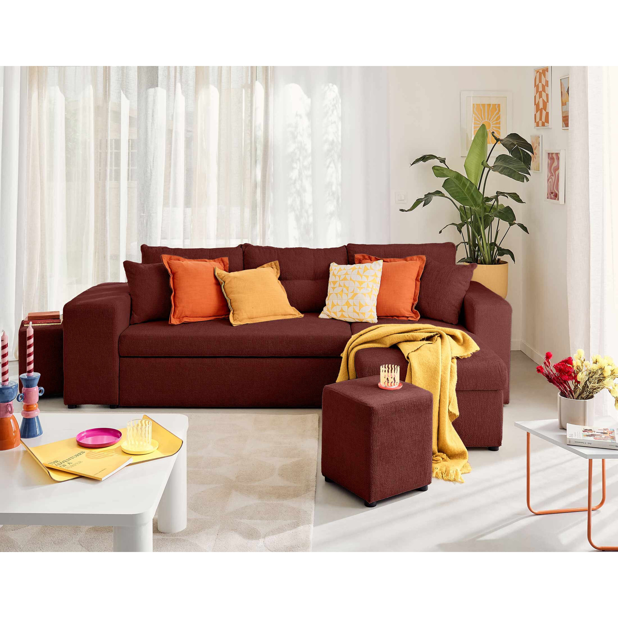 California - canapé d'angle réversible 4 places - convertible avec coffre, étagère et poufs - en velours texturé - Prune
