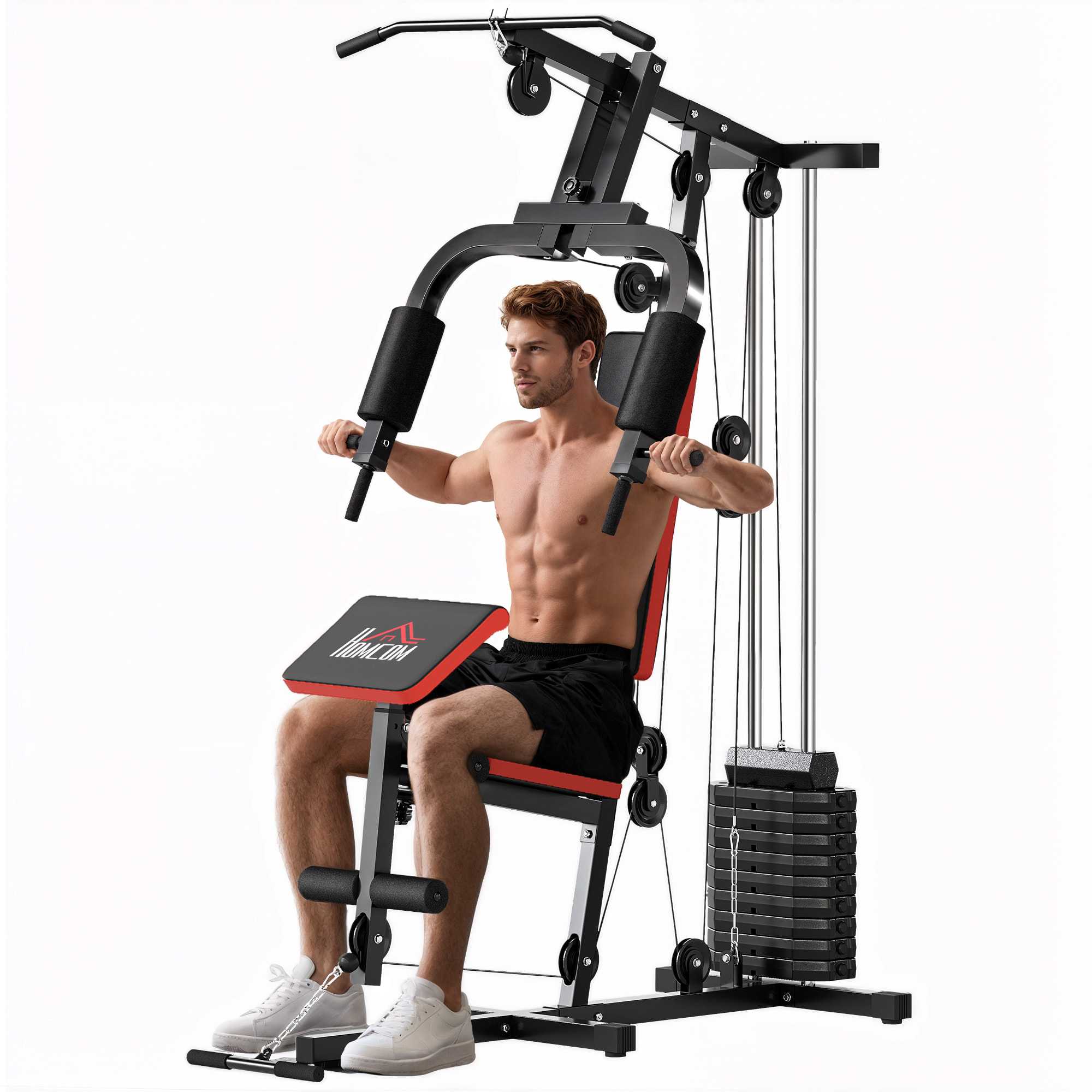 Multiestación Musculación, Máquina de Musculación con Prensa de Pecho, Placas de Peso de 65 kg, Curl de Piernas y Brazos, Polea Mariposa, Carga 100 kg, para Entrenamiento Casa Gimnasio, Negro