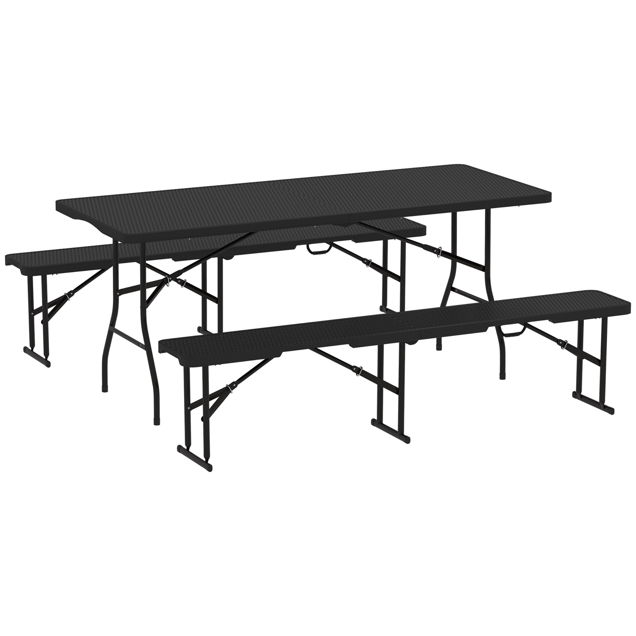 Ensemble table 2 bancs pliables avec poignées - usage pique-nique camping - métal époxy HDPE effet rotin noir