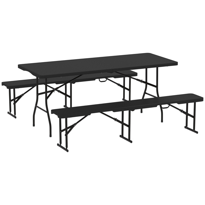 Ensemble table 2 bancs pliables avec poignées - usage pique-nique camping - métal époxy HDPE effet rotin noir
