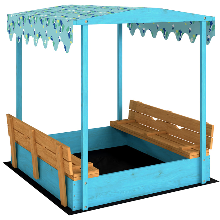 Bac à sable enfant couvercle siège pliable auvent bois bleu