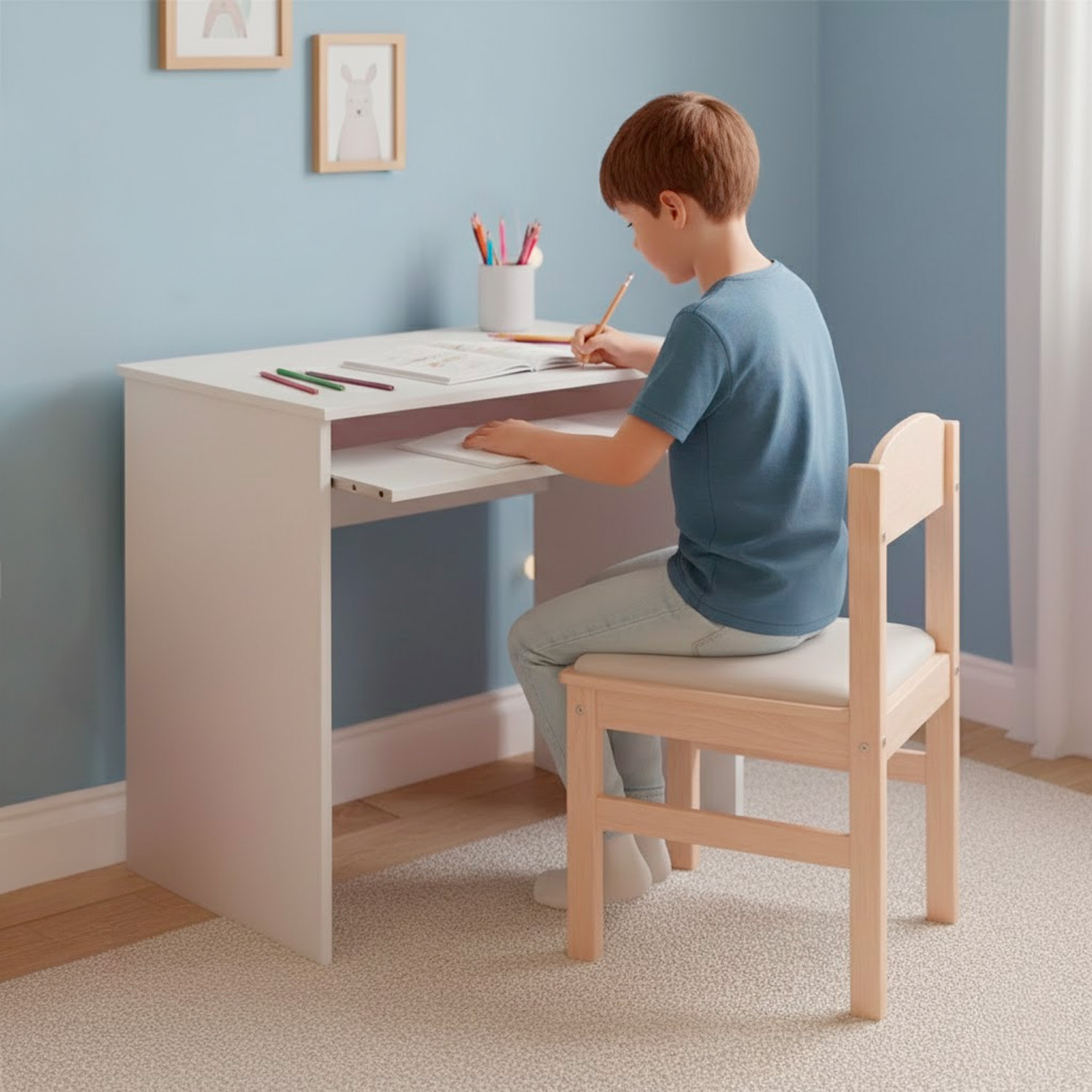 Scrivania Per Cameretta Postazione Desk PC Studio Ufficio Design Moderno Piano Scorrevole Piedini ABS Studio Compiti Lavoro 90x54x79 Cm Bianco Opaco