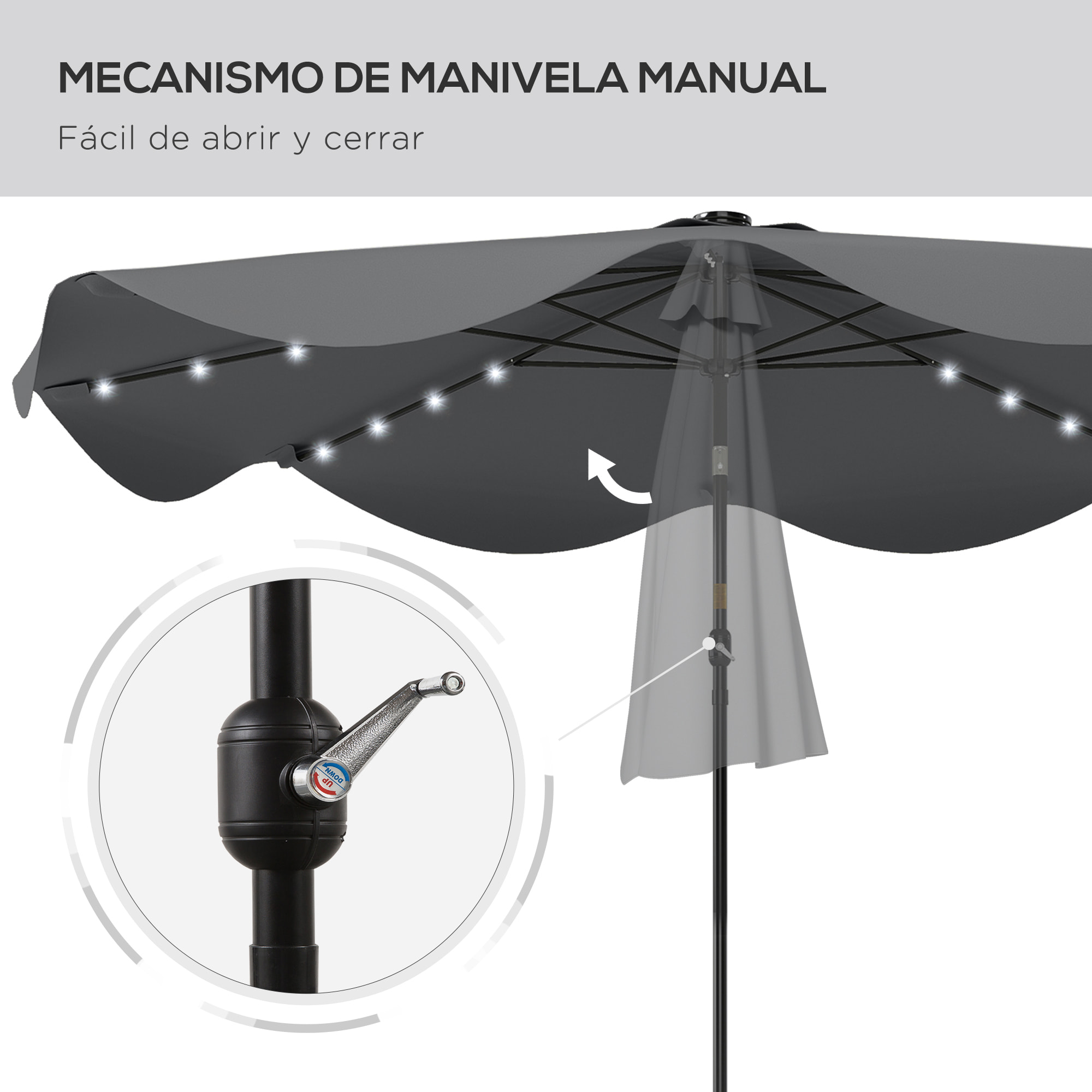 Sombrilla de Jardín Ø292x254 cm Parasol de Terraza Manual con 32 Luces LED Solares 8 Varillas Ángulo Ajustable Impermeable y Rejillas de Ventilación para Patio Balcón Gris Oscuro
