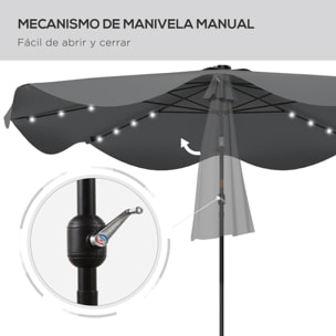 Sombrilla de Jardín Ø292x254 cm Parasol de Terraza Manual con 32 Luces LED Solares 8 Varillas Ángulo Ajustable Impermeable y Rejillas de Ventilación para Patio Balcón Gris Oscuro