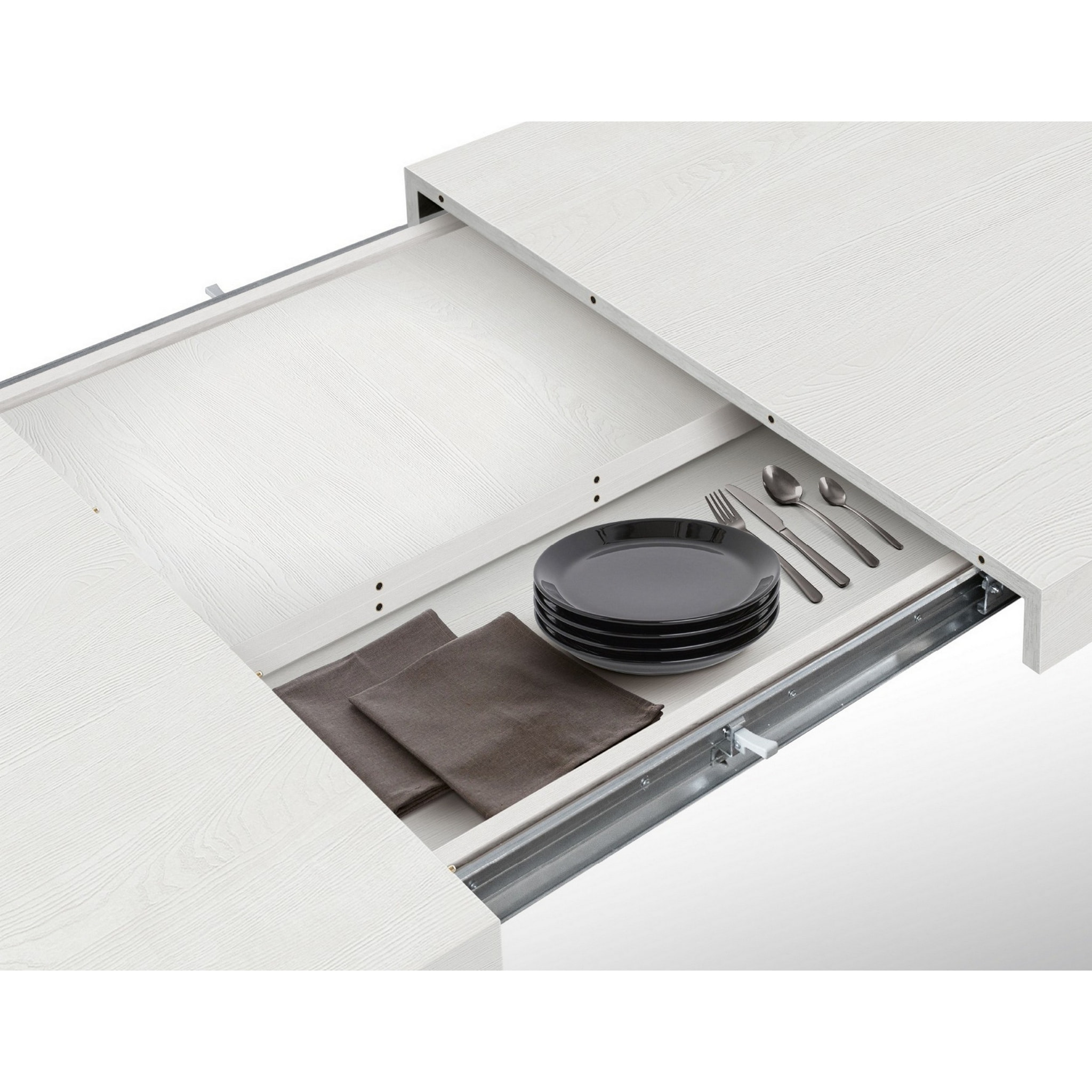 Tavolo allungabile AMALFI in legno effetto bianco frassinato e gambe a X bianche, allungabile 160x90 cm - 240x90 cm