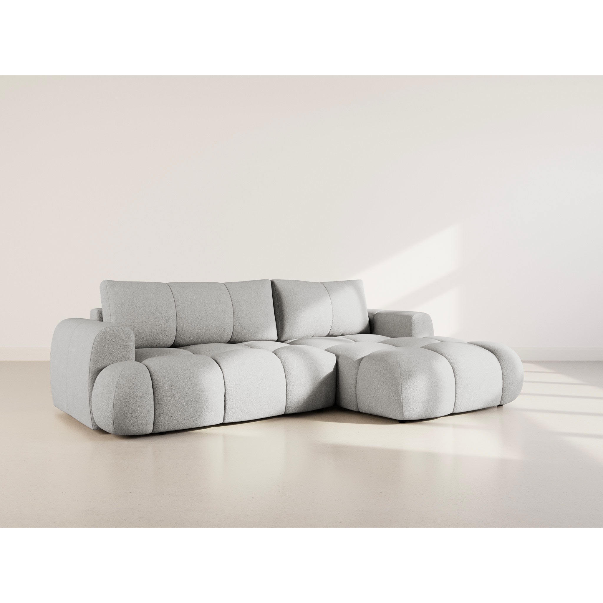 Yulin - Canapé d'angle droit 4 places convertible avec coffre en tissu bouclette - Gris clair