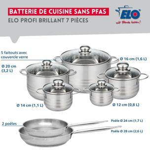 Ensemble de 2 Poêles de cuisson 24 et 28 cm et 5 faitouts 12, 14, 16, 20 et 24 cm Elo Profi Brillant